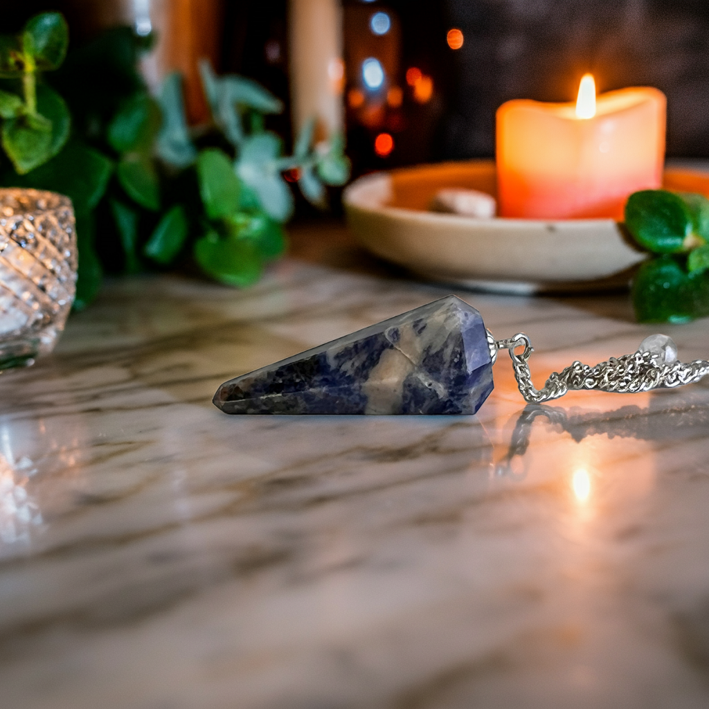 Blue sodalite pendulum on a silver chain on marble beside a candle