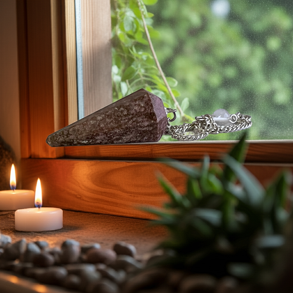 Rhodochrosite pendulum on a windowsill with tealight candles