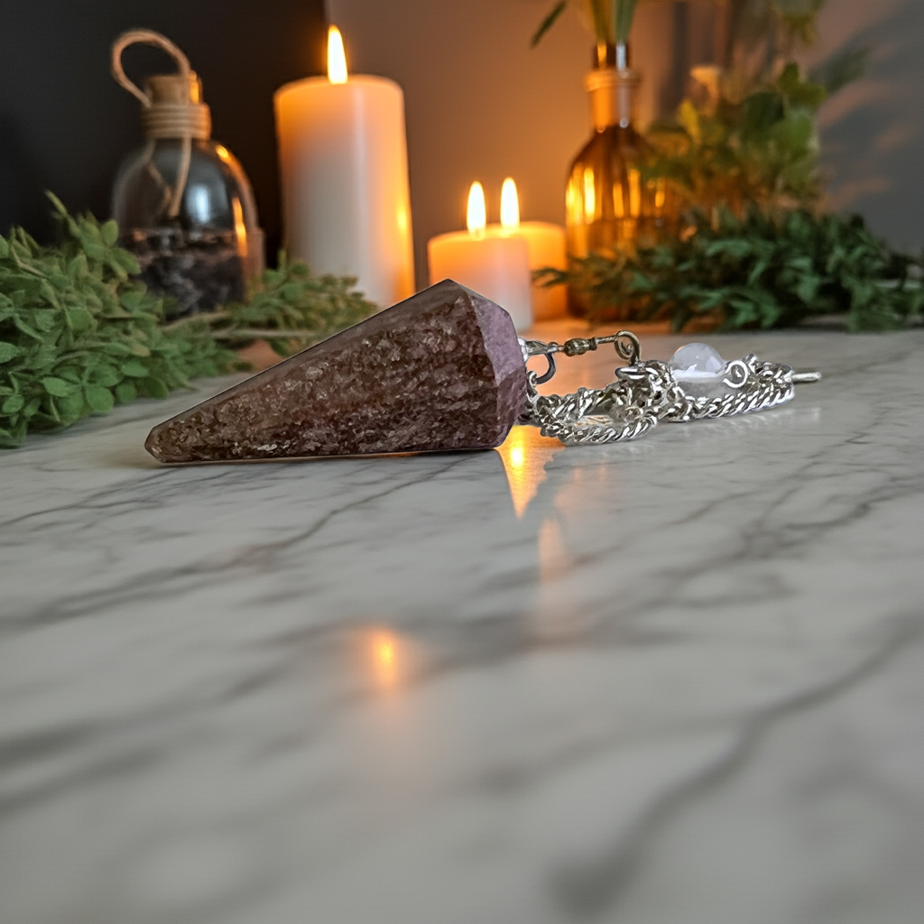 Rhodochrosite pendulum on a marble counter with candles and herbs