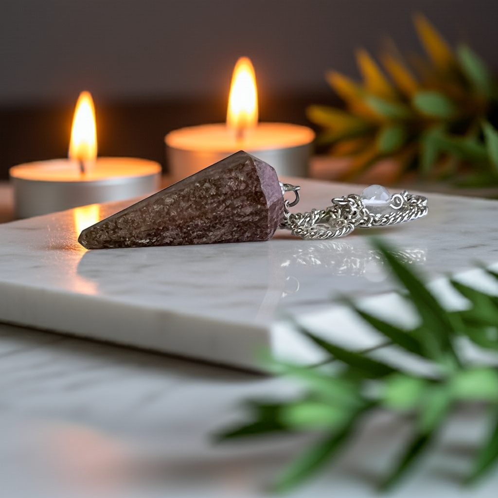 Rhodochrosite pendulum on a marble board with candles