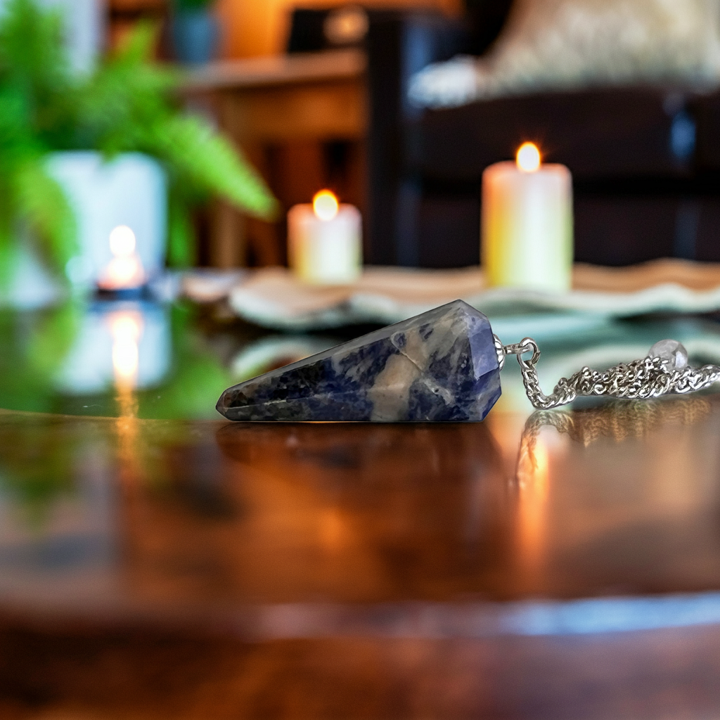 Sodalite pendulum on a dark wooden table with candles